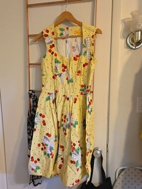 Bernie Dexter Yellow Cherry Print Retro Dress